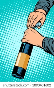 opens a bottle of wine. Pop art retro vector illustration vintage kitsch drawing