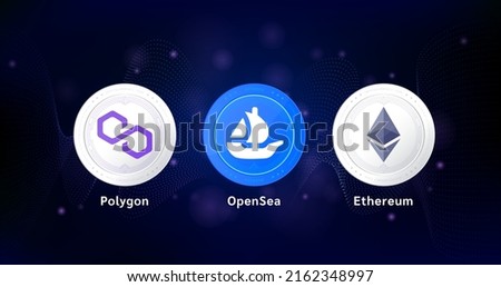 OpenSea internet platform NFT token market. Digital crypto art. Polygon, Ethereum coin on futuristic neon dark background. New trend in collectibles sales. Banner for news. 3D Vector illustration.