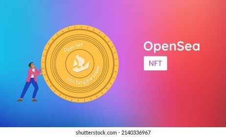 Opensea, NFT development banner. Platform for selling NFT art. Marketplace for non-fungible tokens. A man pushes an Opensea gold coin