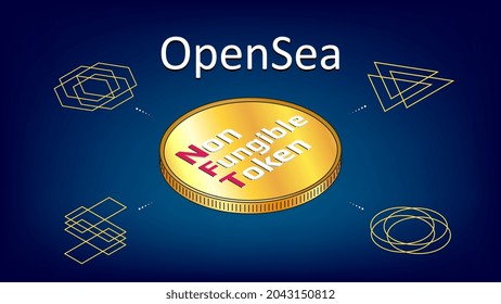 OpenSea text internet platform NFT token market and auction with isometric coin on blue background. New trend in collectibles sales. Banner for news and media. Vector illustration.