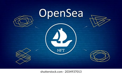 OpenSea text and logo internet platform NFT token market and auction on digital blue background. New trend in collectibles sales. Banner for news and media. Vector illustration.
