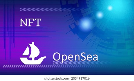 OpenSea text and logo internet platform NFT token market and auction on abstract colorful background. New trend in collectibles sales. Banner for news and media. Vector illustration.
