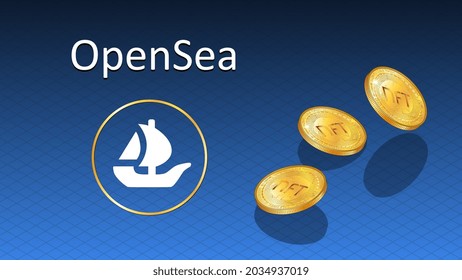 OpenSea text and logo internet platform NFT token market and auction with falling golden coins. New trend in collectibles sales. Banner for news and media. Vector illustration.