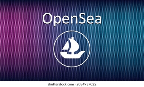 OpenSea text and logo internet platform NFT token market and auction. New trend in collectibles sales. Banner for news and media. Vector illustration.