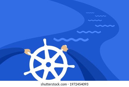 Open-source system for automating computer application management. Developer floating on the river with steering wheel. Vector illustration