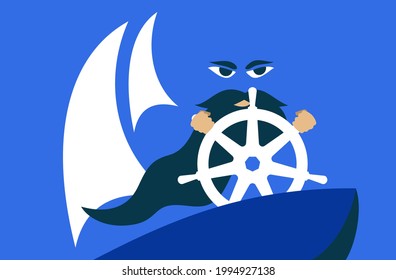 Open-source system for automating computer application management. Developer on boat with steering wheel. Vector illustration