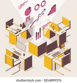 Openspace isometric concept illustration. Outline scene with tables and chairs in outline mode