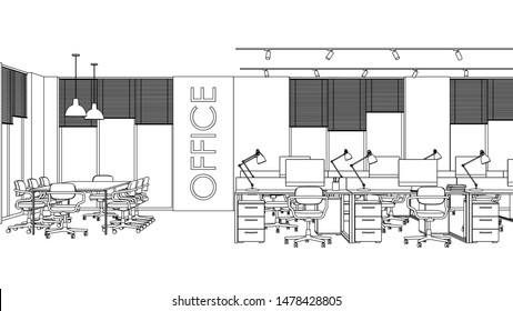 Openspace. Linear sketch of the interior. 3D rendering.