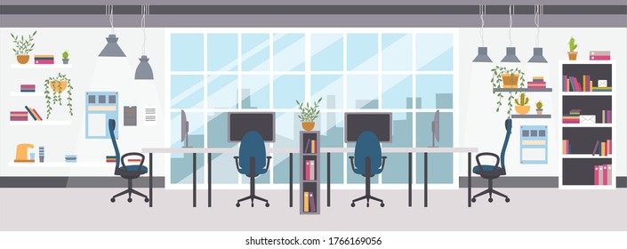 Open-space office or co-working interior design with furniture. Empty shared workplace with desks, chairs, computers and decorations. Vector illustration
