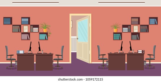 Openspace office design with four workplaces and office furniture. Office interior concept. Working indoor room