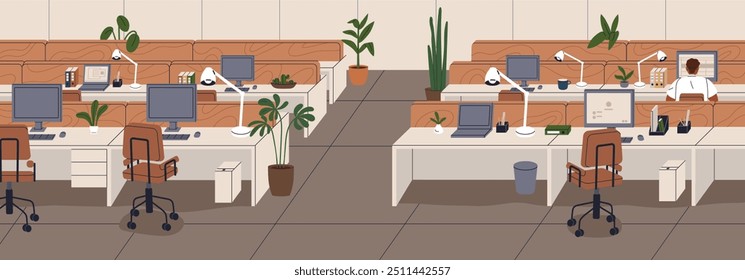 Interior de escritório em espaço aberto com mesas vazias para computadores. Somente o funcionário trabalha no panorama do local de trabalho, espaço de trabalho profissional durante feriado, fim de semana, quarentena, redução. Ilustração de vetor plano