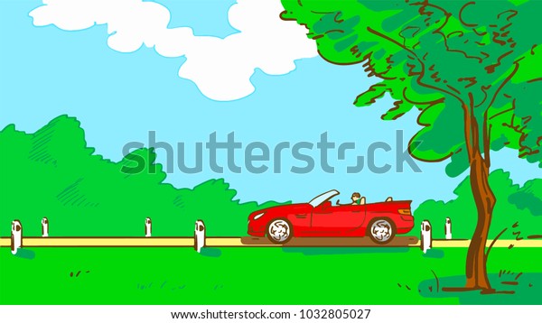 An open-top red car rides along a rural road with\
tree and green grass. Summer landscape with car. Cartoon color\
sketch.