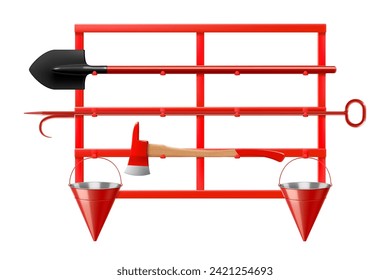 Open-type fire-fighting equipment stand with a tipping sandbox A stand with a fire shovel, a fire bucket, an axe, a fire extinguisher and a fireman's helmet. Realistic 3D vector illustration.