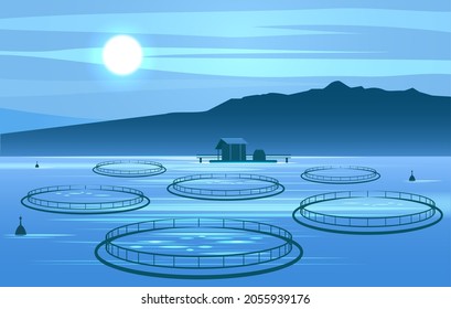 Openwater Fish Growing. Salmon Farming Constructions Landscape, Offshore Aquaculture Tuna Farm, Norway Sea Floating Cages Night Panorama Vector Illustration