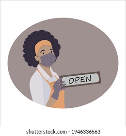  open.Welcome back after the pandemic.vector template for planting, banner, poster.We are working again after the coronavirus.An African-American woman in a mask opens a cafe, shop, shop, salon.