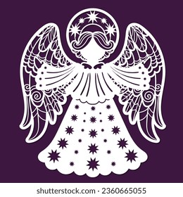 Ángel de trabajo abierto. Plantilla para corte láser a partir de papel, madera, metal. Para el diseño de elementos decorativos de vacaciones para Navidad, San Valentín, Pascua. Decoraciones para tarjetas, peras de árboles de Navidad, esténicas