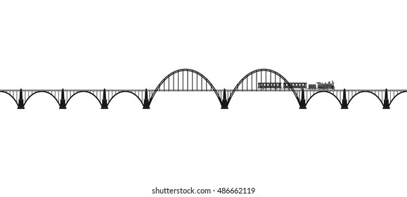 Openwork arch concrete bridge with a steam locomotive. Transport infrastructure. Transportation of passengers. Black and white.