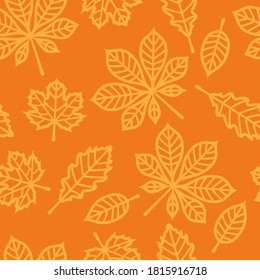 Openwork autumn leaves seamless pattern. Orange botanical background. Vector illustration.