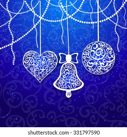  Openwork ball , heart and bell on blue background