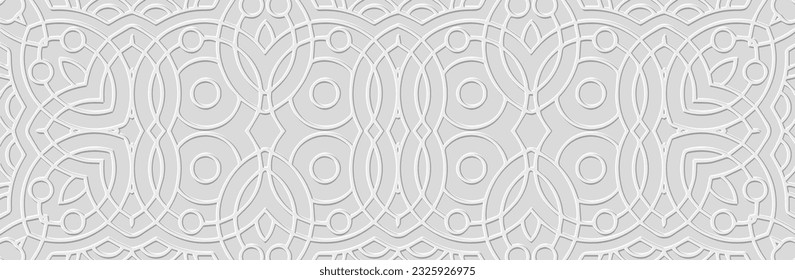 Openwork banner, cover design. Embossed 3D boho pattern, handmade. Geometric white background. Tribal color, creative heritage of the East, Asia, India, Mexico, Aztec, Peru.