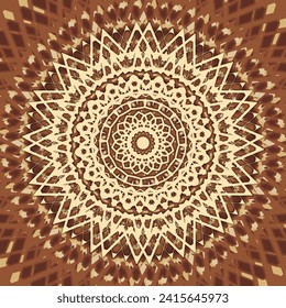 Openwork beige mandala with lace effect on a brown textured background. Vector illustration