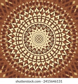 Openwork beige mandala with lace effect on a brown textured background. Version No. 2. Vector illustration