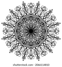 Mandala negra abierta sobre fondo blanco. Antiestrés vectorial. Plantilla aislada para tatuajes, dibujo de henna. Ornamento abstracto sobre vidrio, cuero, tela, papel. Colores. 