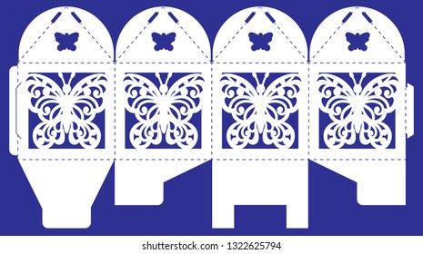 Openwork box with decorative ornament. Wedding vector bonbonniere. Printable square packaging with lid for gift. Laser cutting template for holiday. Lace silhouette of butterfly at vintage style.