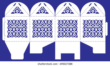 Openwork box with a lace geometric ornament. Vector bonbonniere for wedding party. Laser cutting template of gift cube. Silhouette of decorative panel with heart.