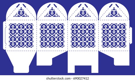 Openwork box with a lace geometric ornament. Vector bonbonniere for wedding party. Laser cutting template of gift cube. Silhouette of decorative panel with heart.