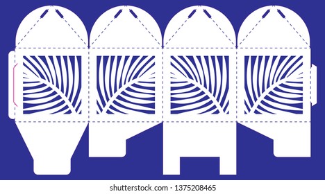 Openwork box with a lace ornament. Vector bonbonniere for wedding, birthday, baby shower, baptism and party. Laser cutting template. Silhouette of tropical leaves. Cube gift box to print, cut and fold