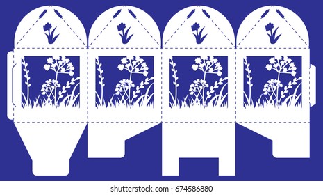 Openwork box with a lace ornament. Vector bonbonniere for wedding, birthday, baptism and party. Laser cutting template. Silhouette of grass on the meadow. Printable square packaging for gift.