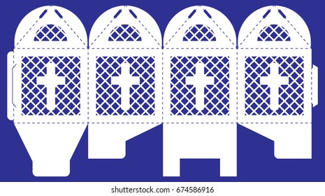 Openwork box with a lace ornament. Vector bonbonniere for wedding, birthday party, baptism. Laser cutting template. Silhouette of cross and grid. Printable square packaging for gift.