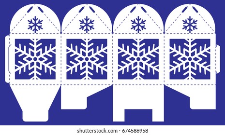 Openwork box with a lace ornament. Vector bonbonniere for Christmas, New Year, winter party. Laser cutting template. Silhouette of snowflake. Printable square packaging for gift.