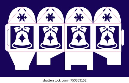 Openwork box with ornament. Vector bonbonniere for christmas party, wedding, birthday, baby shower,  Laser cutting template. Silhouette of bell with bow, snowflake. Cube gift box to print, cut, fold