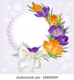 Openwork card with yellow and purple crocuses and white bow. Just print and sign