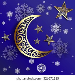 Openwork Christmas background with gold moon, star and snowlakes on dark blue