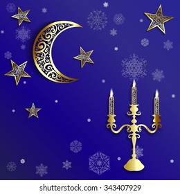 Openwork Christmas background with gold moon, star and snowlakes on dark blue
