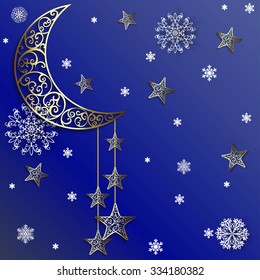 Openwork Christmas background with moon, star and snowlakes on dark blue