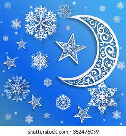 Openwork Christmas background with moon, star and snowlakes on blue