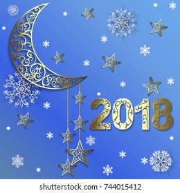 Openwork Christmas background with moon, star and snowlakes on blue.2018 Happy New Year greeting card. 