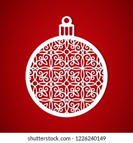 Openwork Christmas ball. Decorating the Christmas tree for laser cutting, plotting cutting, printing. Vector image on a red background.