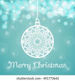 Openwork Christmas ball from paper on blue background. Vector abstract illustration.