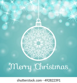 Openwork Christmas ball from paper on blue background. Vector abstract illustration.