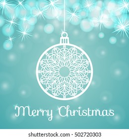 Openwork Christmas ball from paper on blue background. Vector abstract illustration.