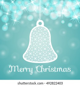 Openwork Christmas bell from paper on blue background. Vector abstract illustration.