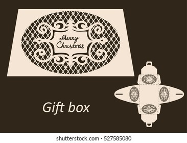 Openwork Christmas gift paper box with a handle. Greeting packaging with lace Christmas pattern. Presents packing, Pattern suitable for laser cutting, plotter cutting or printing. Vector
