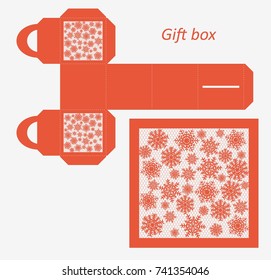 Openwork Christmas gift paper box with a handle. Greeting packaging with lace Christmas pattern. Presents packing. Pattern suitable for laser cutting, plotter cutting or printing. Vector