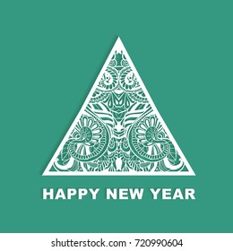 Openwork Christmas tree with shadow on green background. Vector template for greeting cards, invitations.