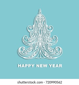 Openwork Christmas tree with shadow. Vector template for greeting cards, invitations.